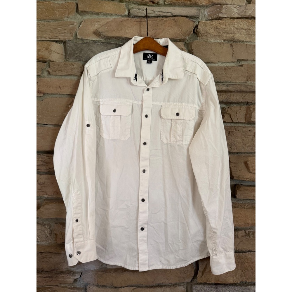 Rock & Republic Mens Long Sleeve Button Down Shirt White Utility Large L Pockets